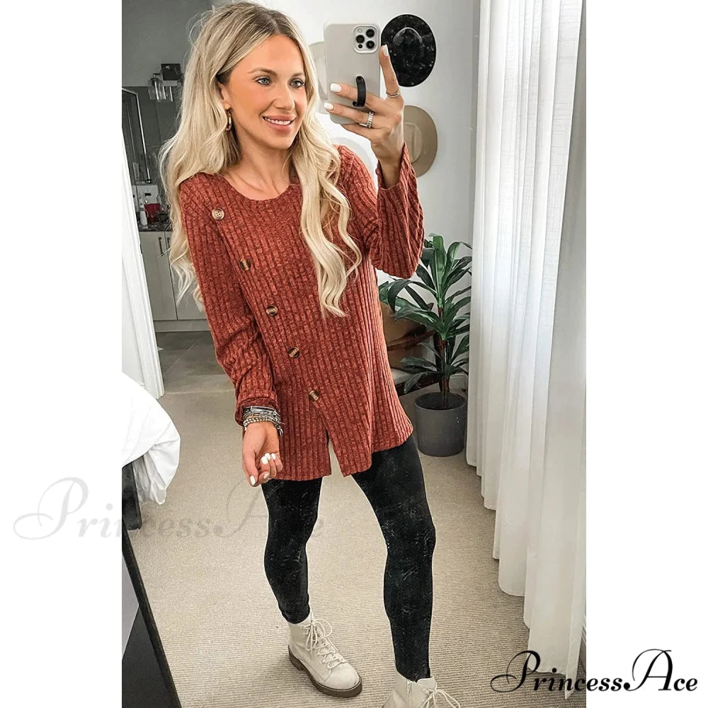 Arm Crew for Top with Neck Buttons Side Long Tunic Women