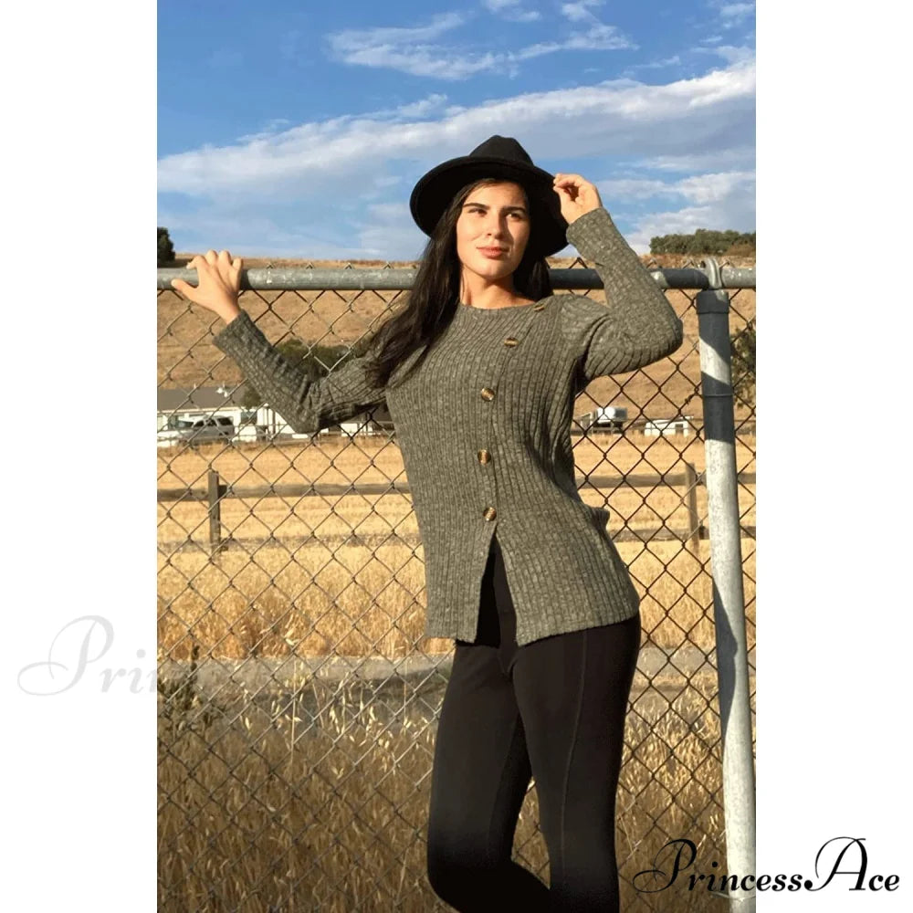 Arm Crew for Top with Neck Buttons Side Long Tunic Women