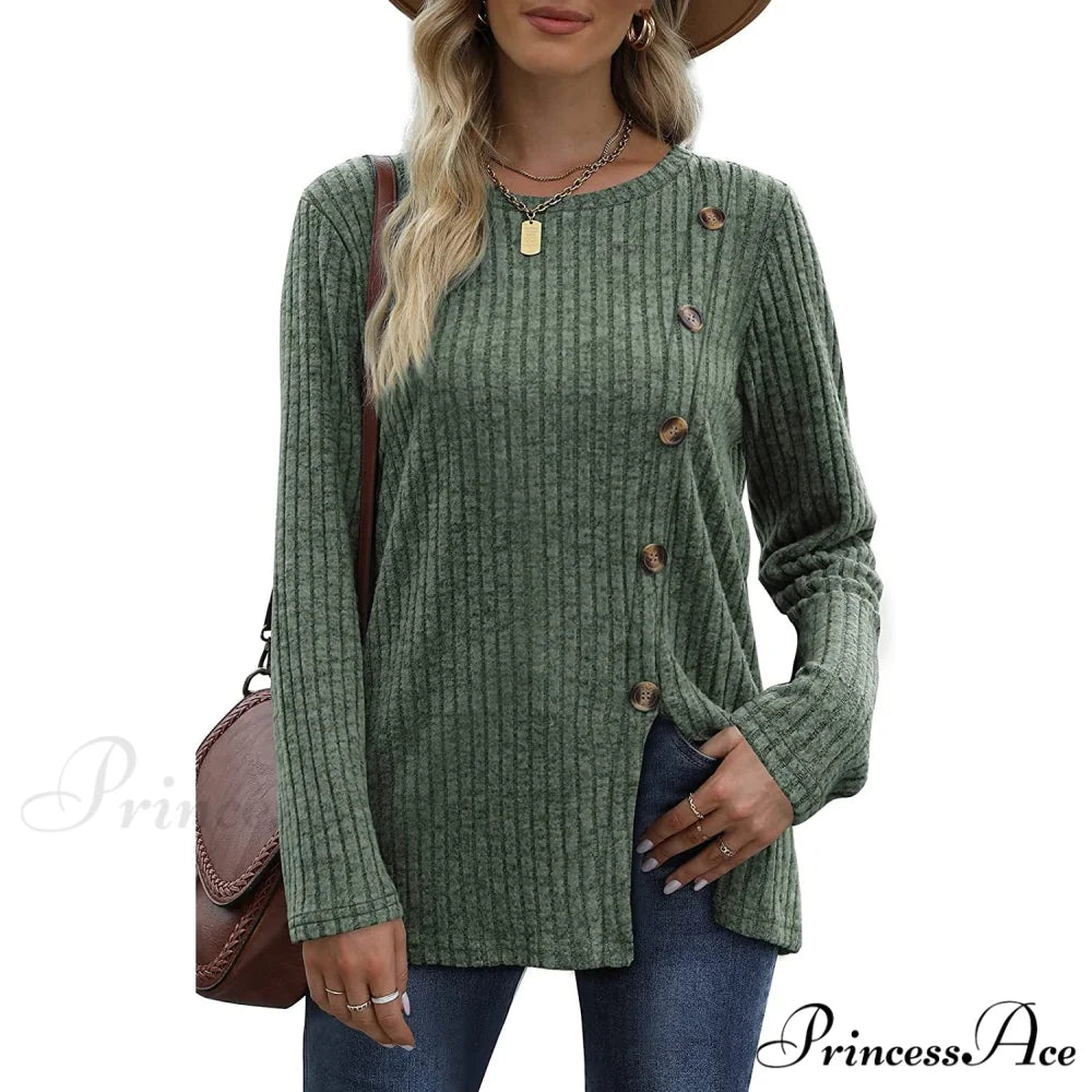 Arm Crew for Top with Neck Buttons Side Long Tunic Women Green / S