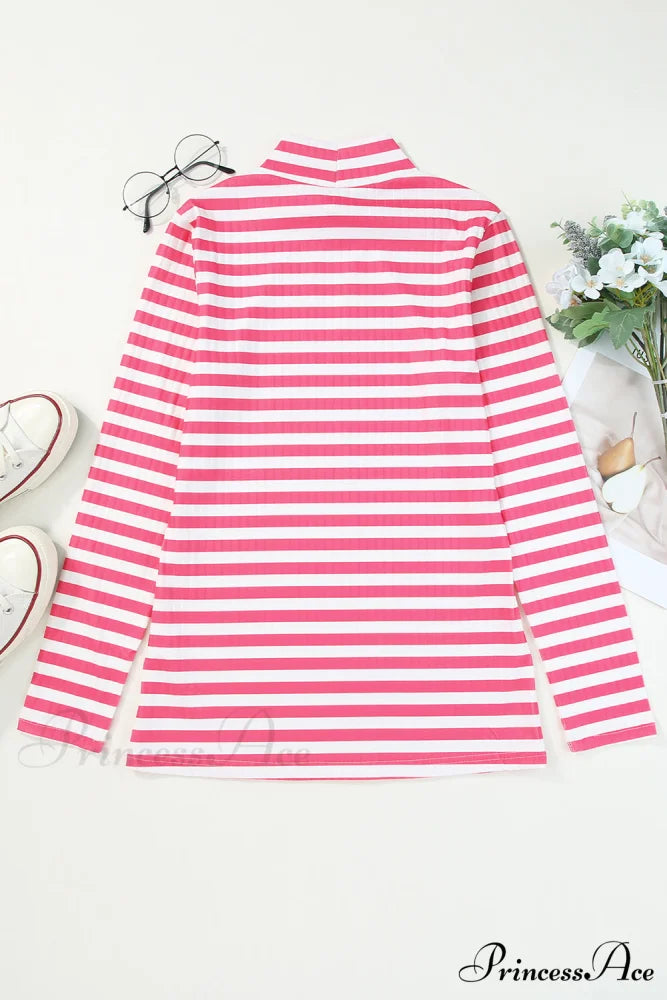 Arm Design Long Textured Pink Knit Striped Tee