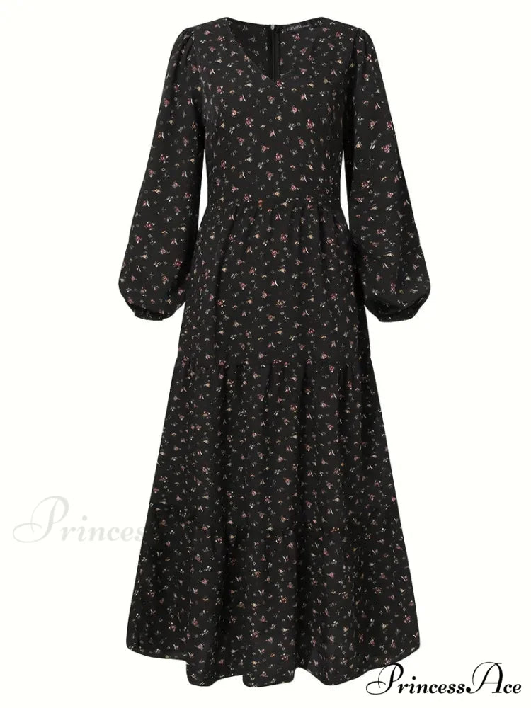 Arm Design V Neck Tiered Lantern Full-Length Flowered Bohemian Dress