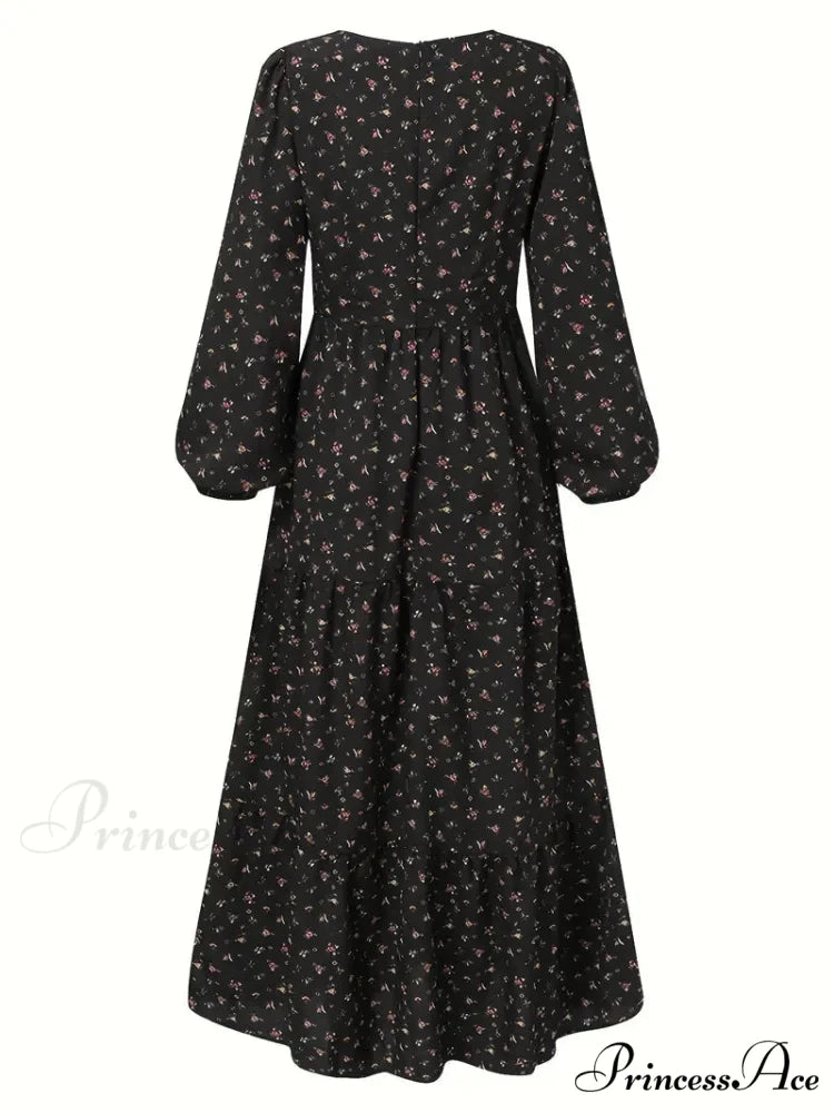 Arm Design V Neck Tiered Lantern Full-Length Flowered Bohemian Dress