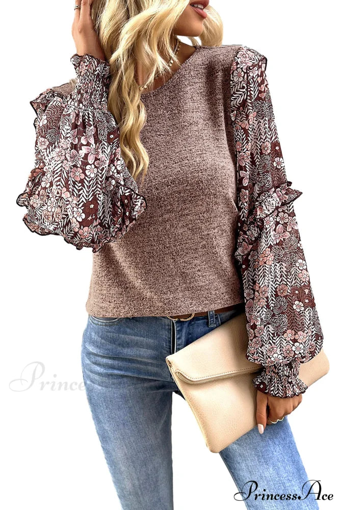 Arm Flowered Blouse Tiered Neck Pale Ruffle Crew in Chestnut