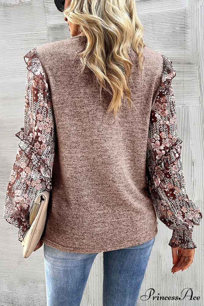 Arm Flowered Blouse Tiered Neck Pale Ruffle Crew in Chestnut