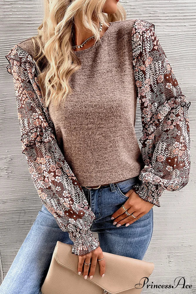 Arm Flowered Blouse Tiered Neck Pale Ruffle Crew in Chestnut