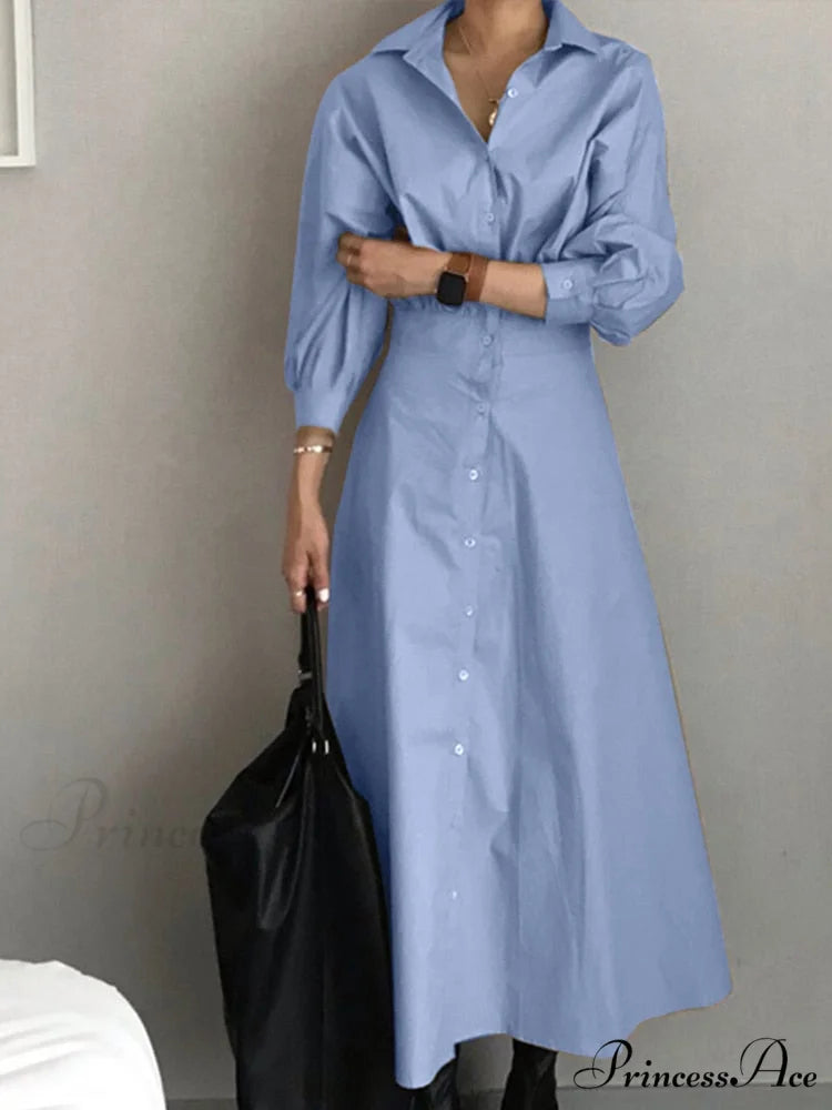 Arm Full-Length Vestidos Casual Female Robe Lapel Gown A Line Blouse Fashion Long Solid Oversized Blue / S