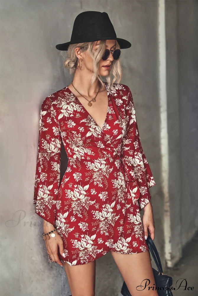 Arm Gown with Irregular Flared Flowered Design S / red