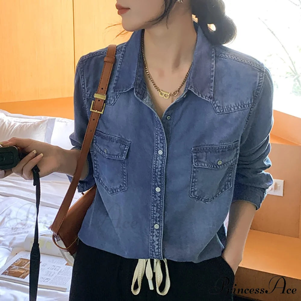 Arm Korean Oversized Women’s Long Blouse Vintage 2024 Casual Spring - Top Blue / S