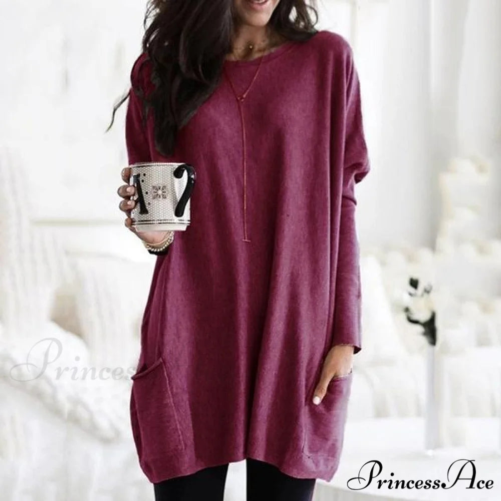 Arm Long Casual with Women’s Top Pocket Wine Red / S