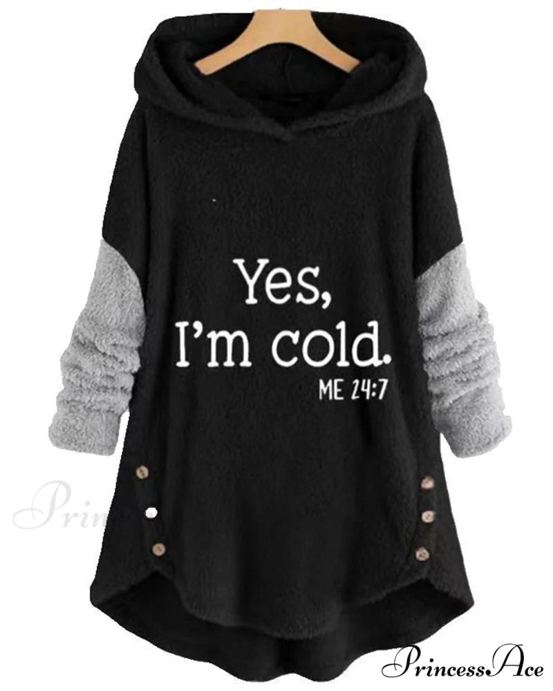 Arm Long Hoodie Top Tunic Casual with Print Black / S