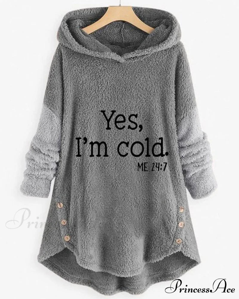 Arm Long Hoodie Top Tunic Casual with Print Gray / S