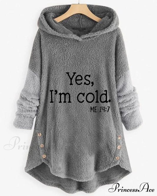 Arm Long Hoodie Top Tunic Casual with Print Gray / S