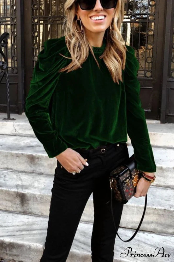 Arm Long Top Velvet Puff for Women Green / S