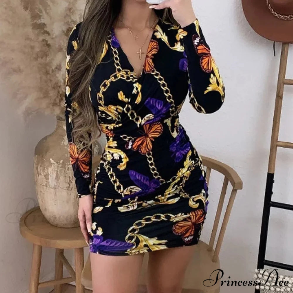 Arm Neck Long Mini Chain Design V Dress