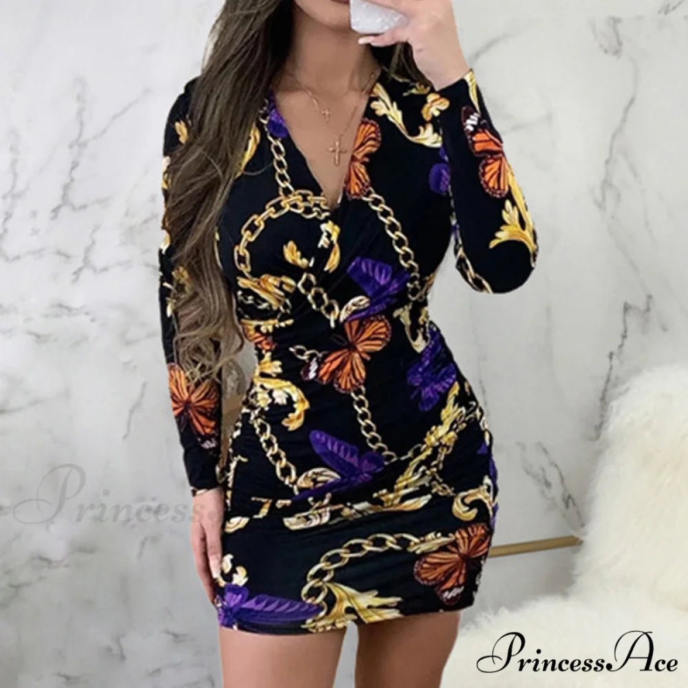 Arm Neck Long Mini Chain Design V Dress
