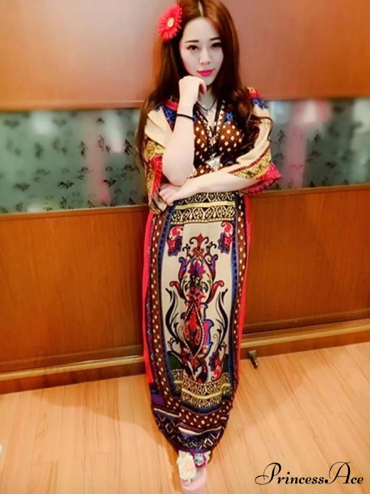 Arm Neck V Full-Length Flowered Half Dress