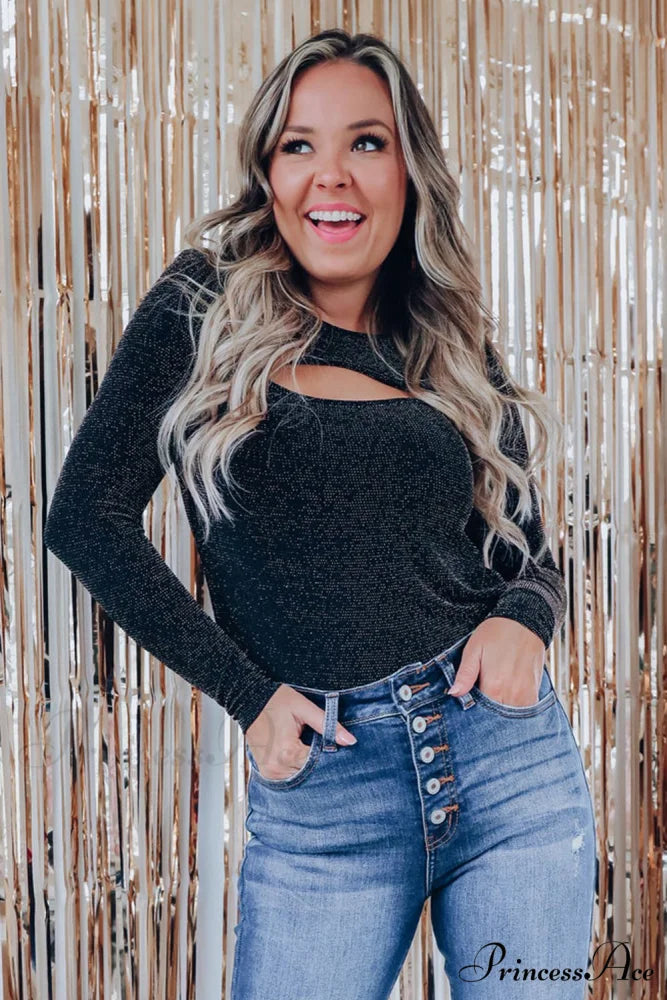 Arm Out in Top Long Metallic Cut Sparkle Black