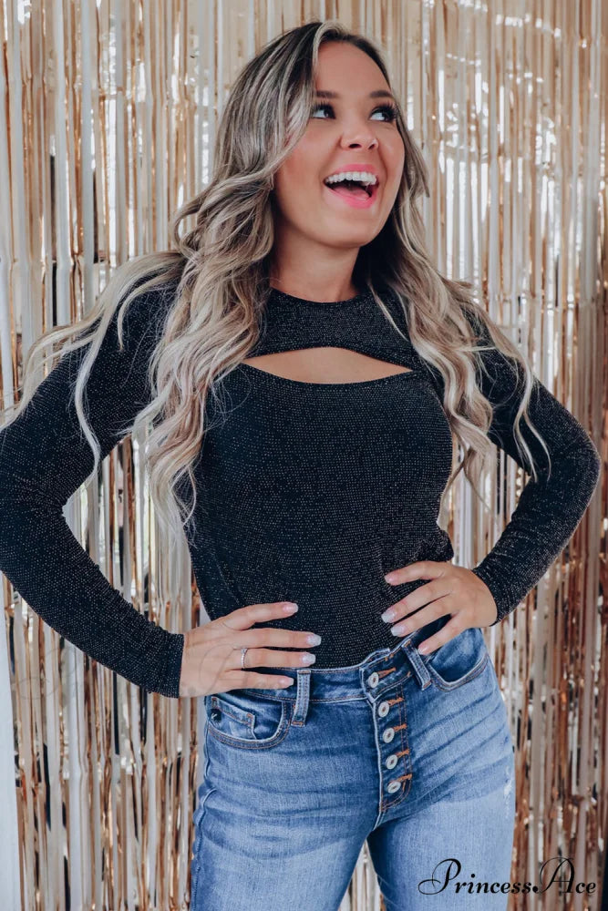 Arm Out in Top Long Metallic Cut Sparkle Black
