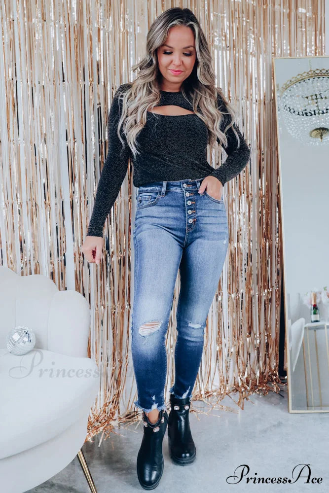 Arm Out in Top Long Metallic Cut Sparkle Black