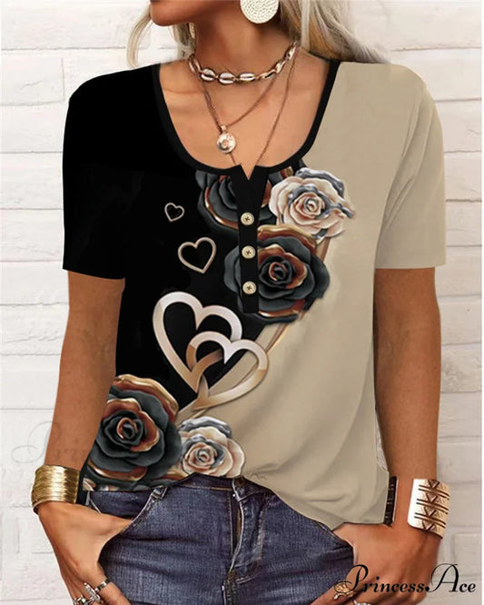 Arm Patterned U-Neck Brief Button Blouse Khaki / S