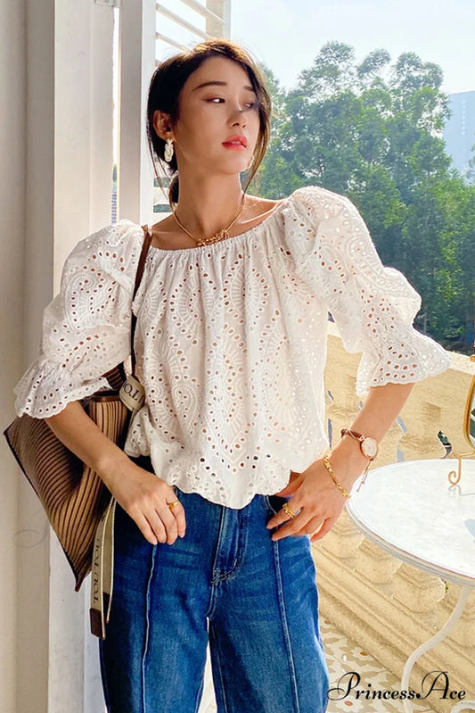 Arm Puff with Lace White Top Embroidery White / S