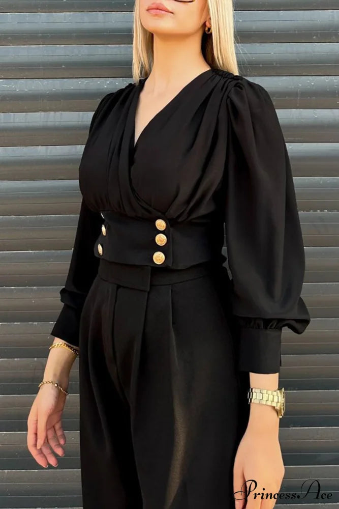 Arm Smocked Puff Neck V Top Black / 2XL