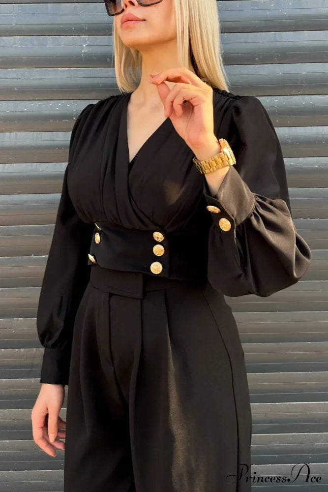 Arm Smocked Puff Neck V Top Black / L