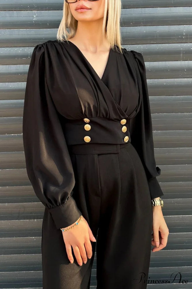 Arm Smocked Puff Neck V Top Black / S