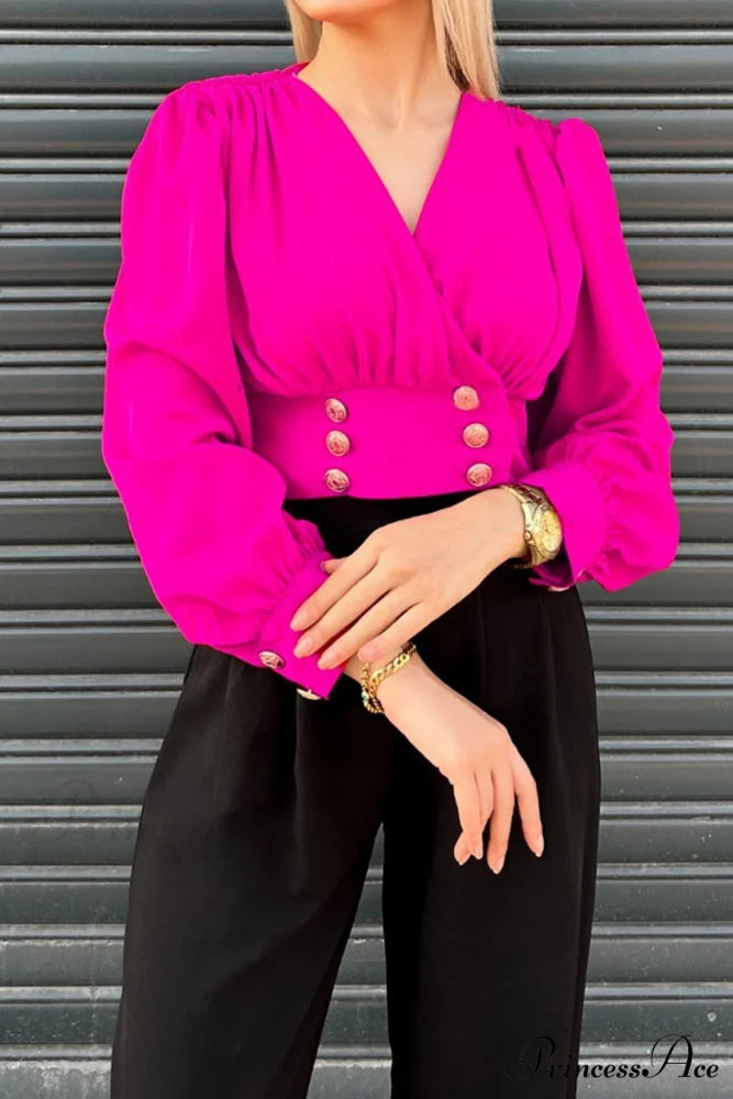 Arm Smocked Puff Neck V Top Rose / S