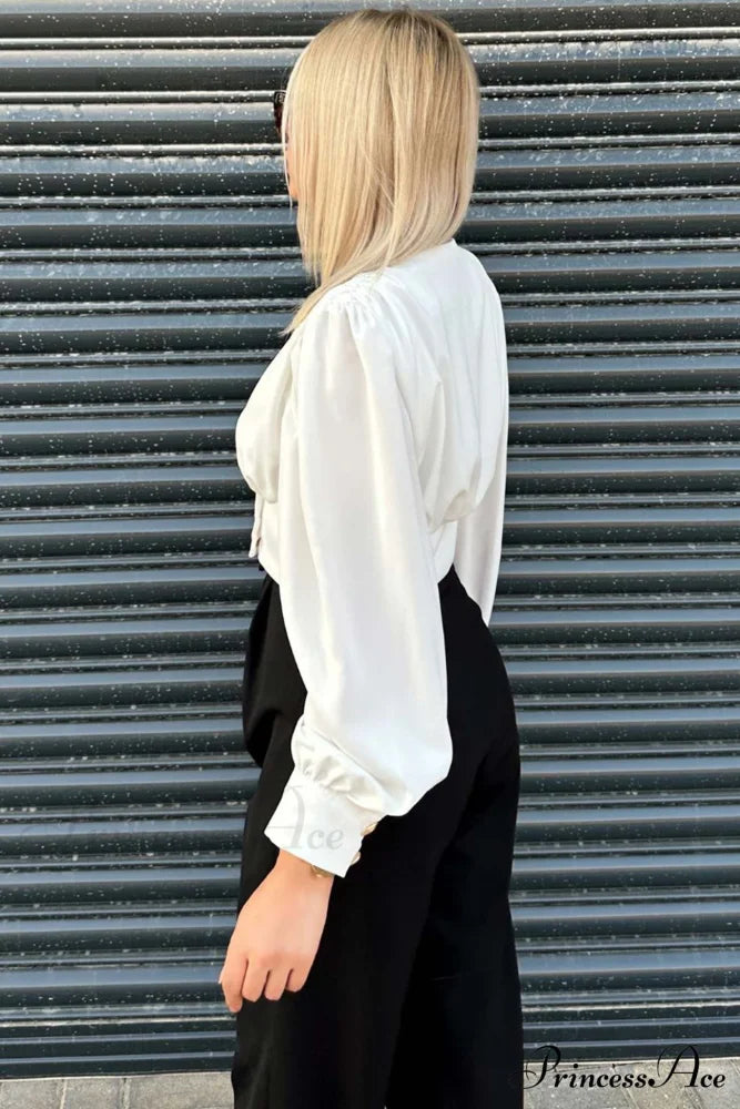 Arm Smocked Puff Neck V Top White / 2XL