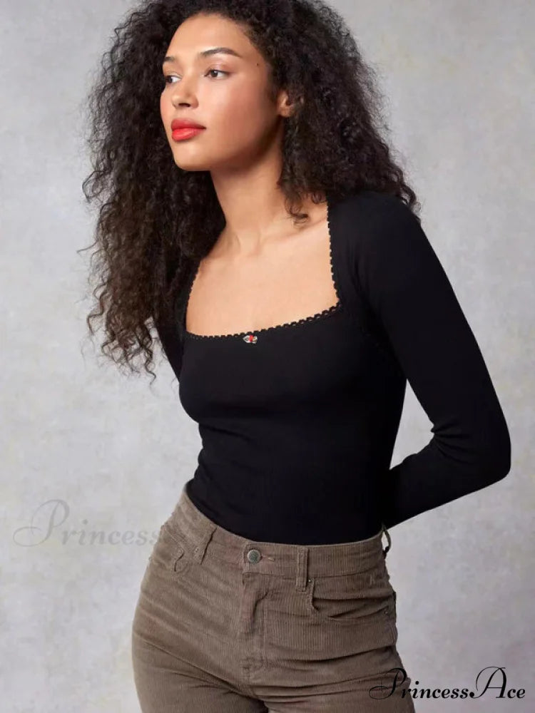 Arm Stretch Flower Boxy Long Thread T-Shirt Body Women’s Neck Knitted Top