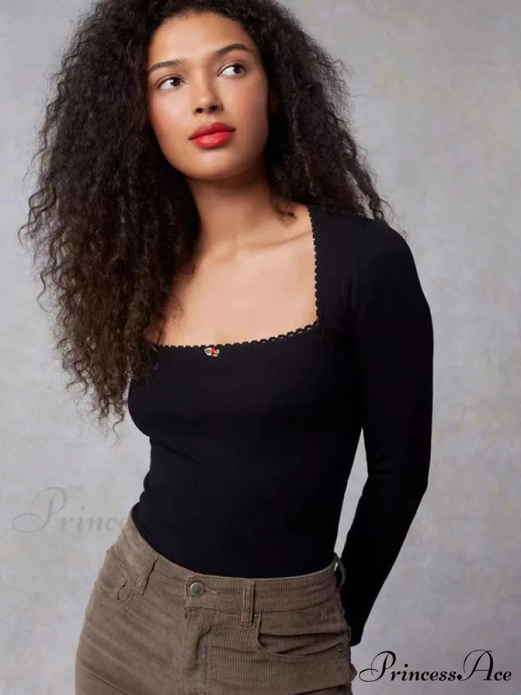 Arm Stretch Flower Boxy Long Thread T-Shirt Body Women’s Neck Knitted Top Black / S