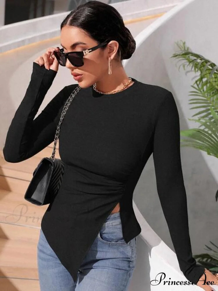 Arm T-Shirt Round Ruched with Long Neck