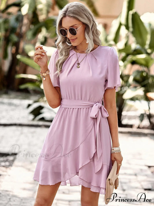 Arm Tie Hem for Flutter Waist Color Ruffle Solid Gown Women