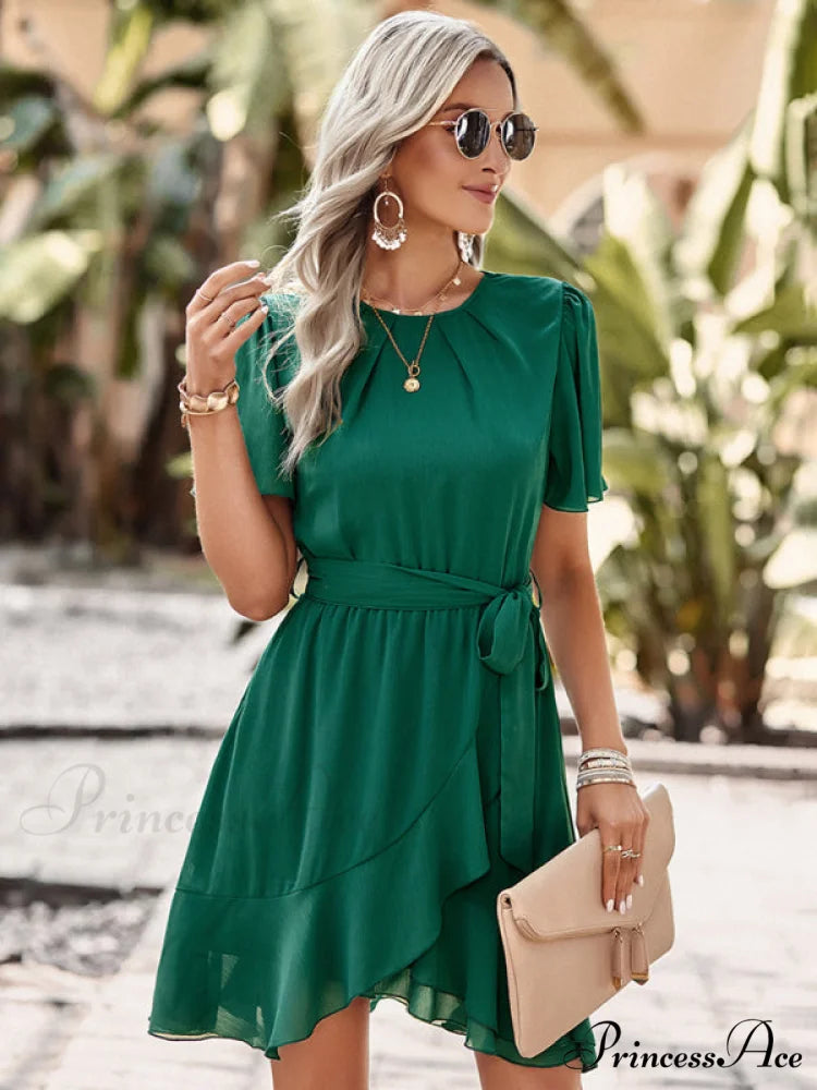 Arm Tie Hem for Flutter Waist Color Ruffle Solid Gown Women Green / S