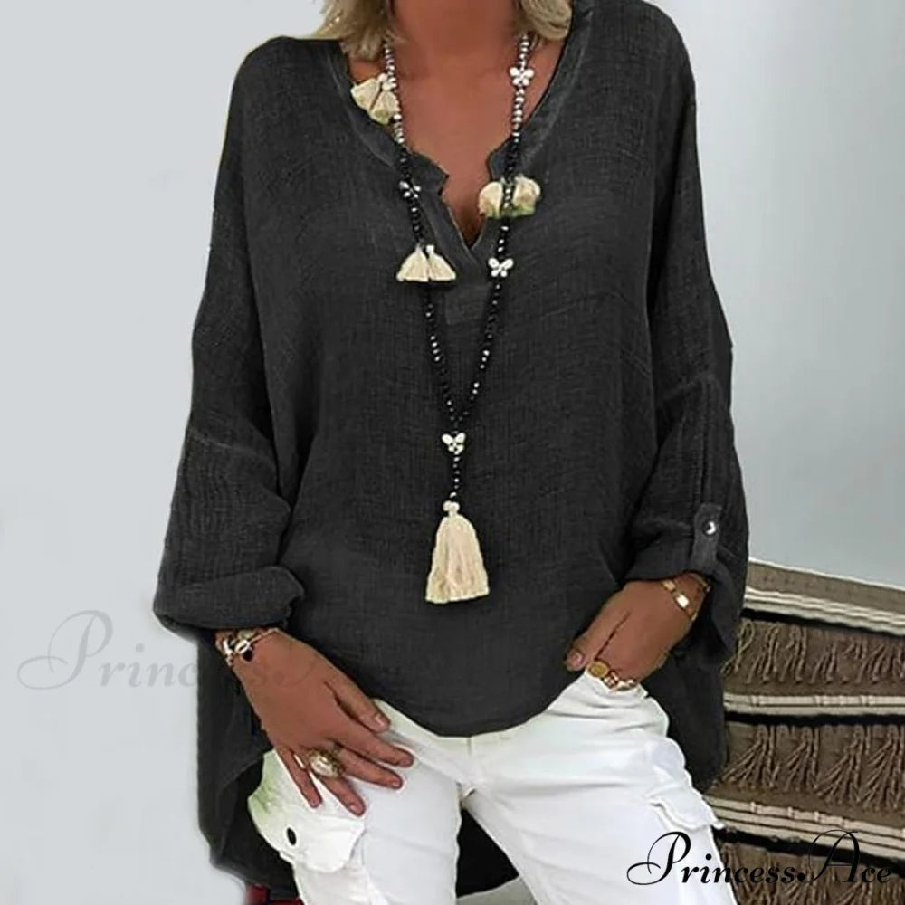 Arm V Colored Top Button Long Neck for Solid Basic Women Black / S