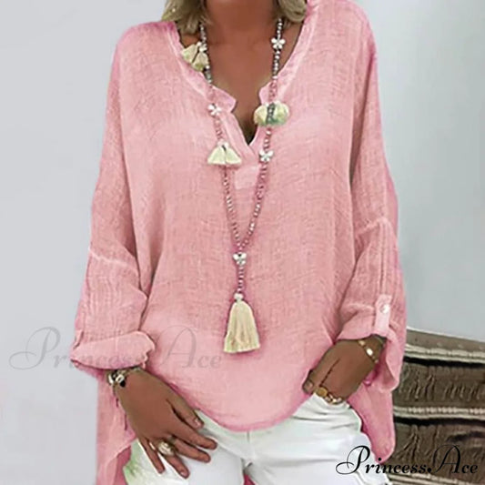 Arm V Colored Top Button Long Neck for Solid Basic Women Pink / S
