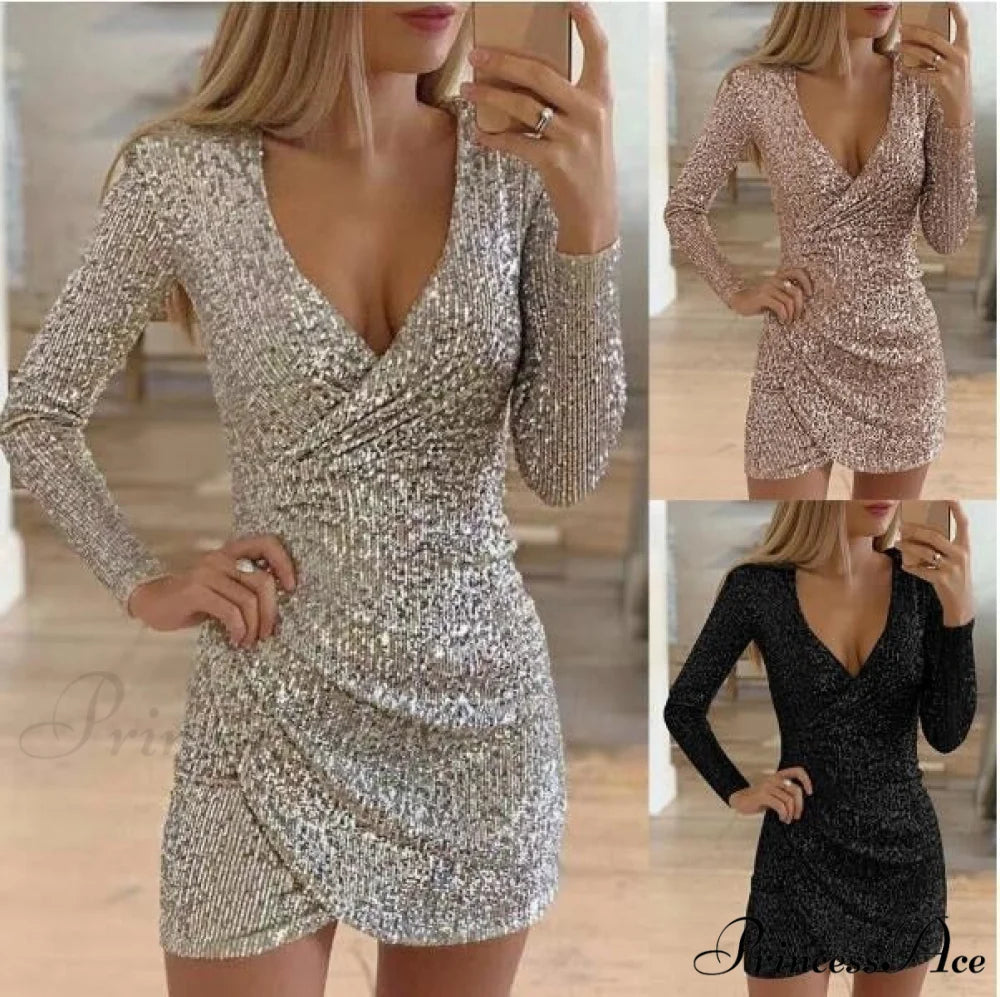 Arm V-Neck Long Women’s Party Sequin Elegant Glitter Dress