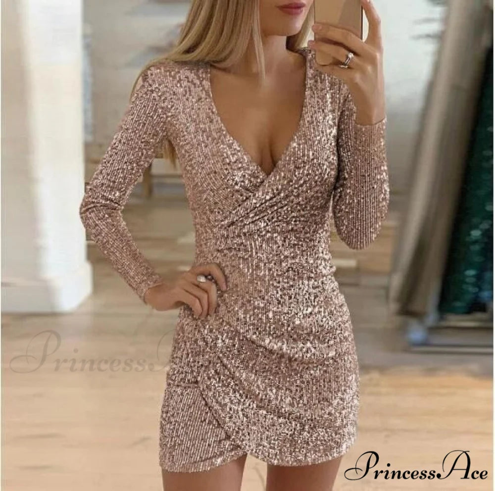 Arm V-Neck Long Women’s Party Sequin Elegant Glitter Dress Pink / S