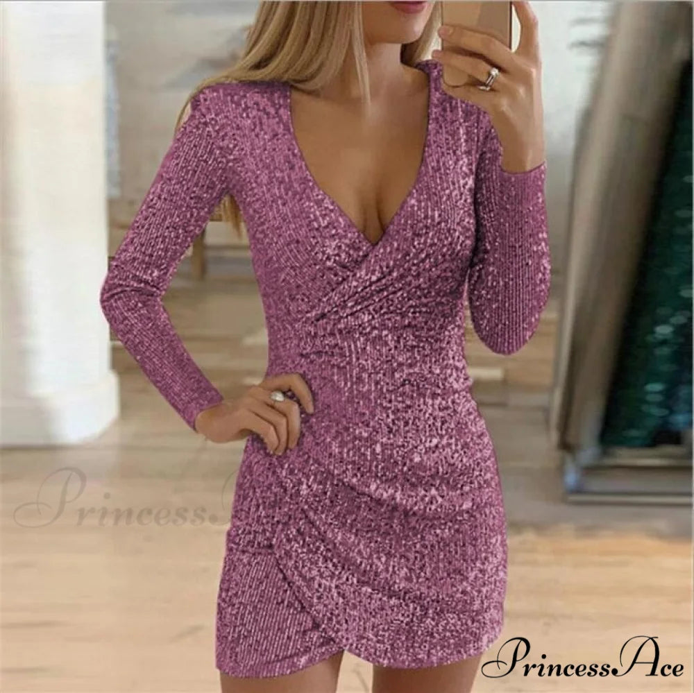 Arm V-Neck Long Women’s Party Sequin Elegant Glitter Dress Rose Gold / S