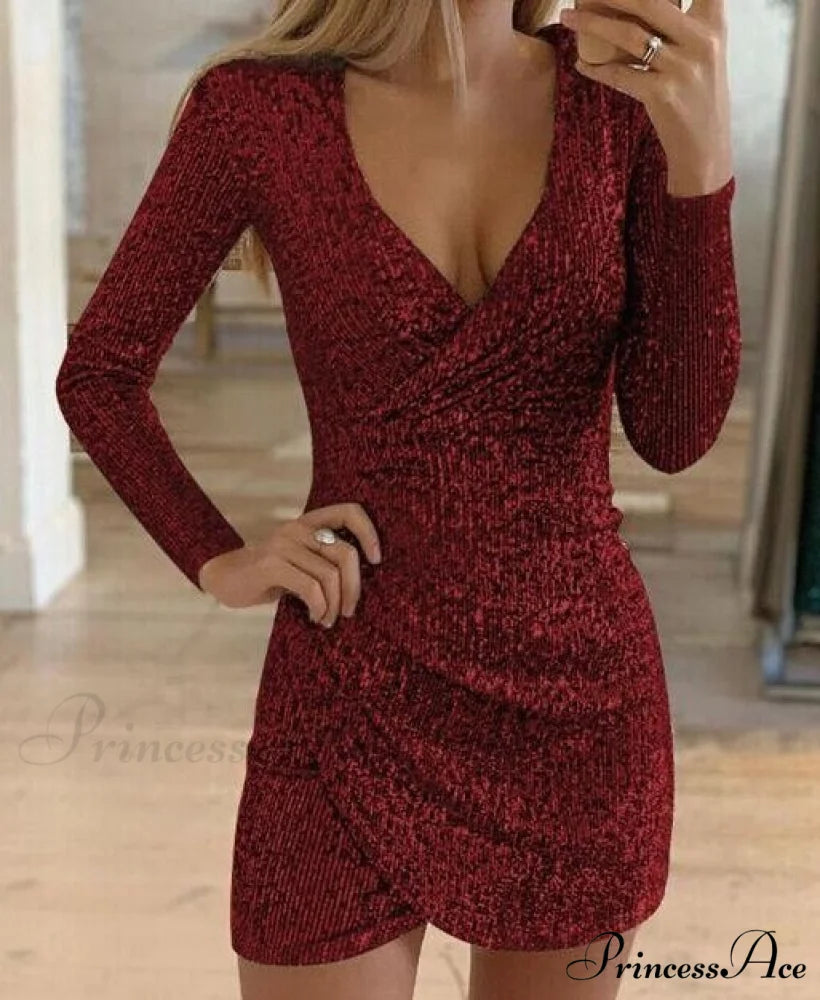 Arm V-Neck Long Women’s Party Sequin Elegant Glitter Dress Wine / S