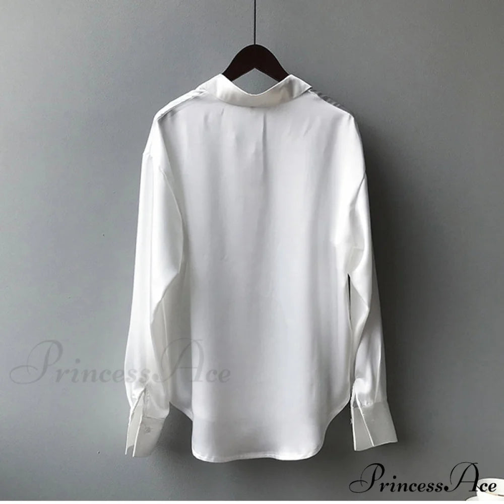Arm Vintage Ladies Satin Korean Office Long Blouse Button Up Silk Elegant Blouse White Tops