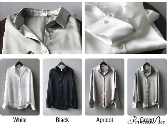 Arm Vintage Ladies Satin Korean Office Long Blouse Button Up Silk Elegant Blouse White Tops