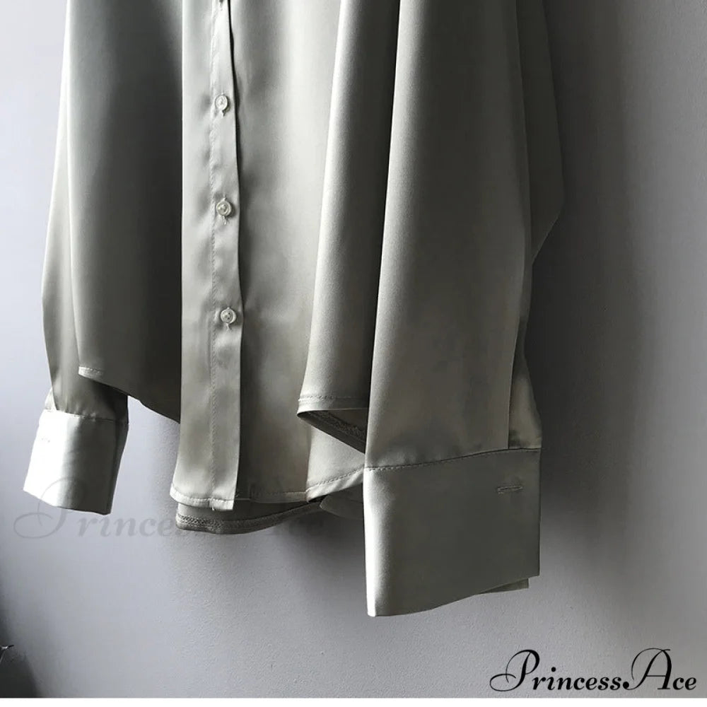 Arm Vintage Ladies Satin Korean Office Long Blouse Button Up Silk Elegant Blouse White Tops
