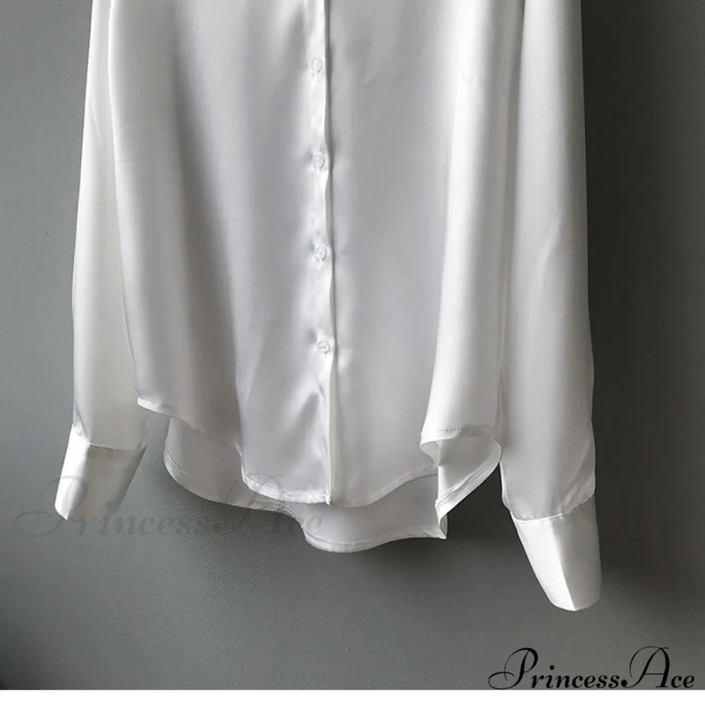 Arm Vintage Ladies Satin Korean Office Long Blouse Button Up Silk Elegant Blouse White Tops