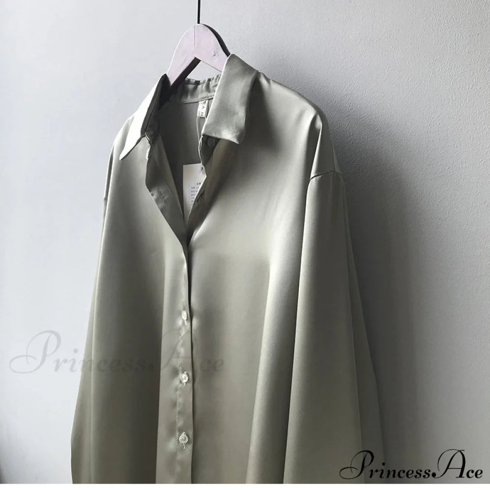 Arm Vintage Ladies Satin Korean Office Long Blouse Button Up Silk Elegant Blouse White Tops