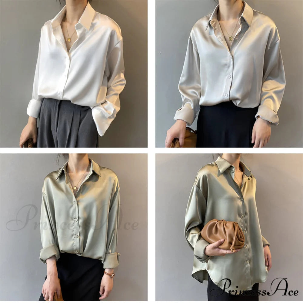 Arm Vintage Ladies Satin Korean Office Long Blouse Button Up Silk Elegant Blouse White Tops