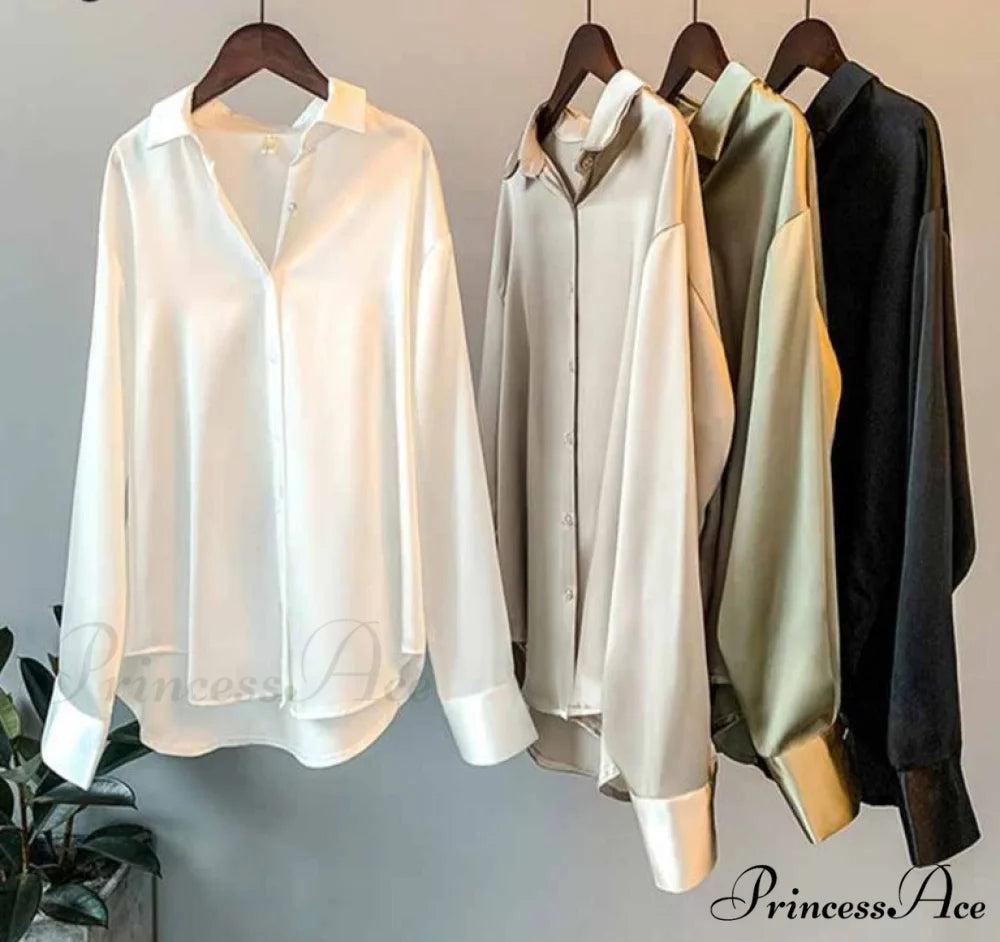 Arm Vintage Ladies Satin Korean Office Long Blouse Button Up Silk Elegant Blouse White Tops