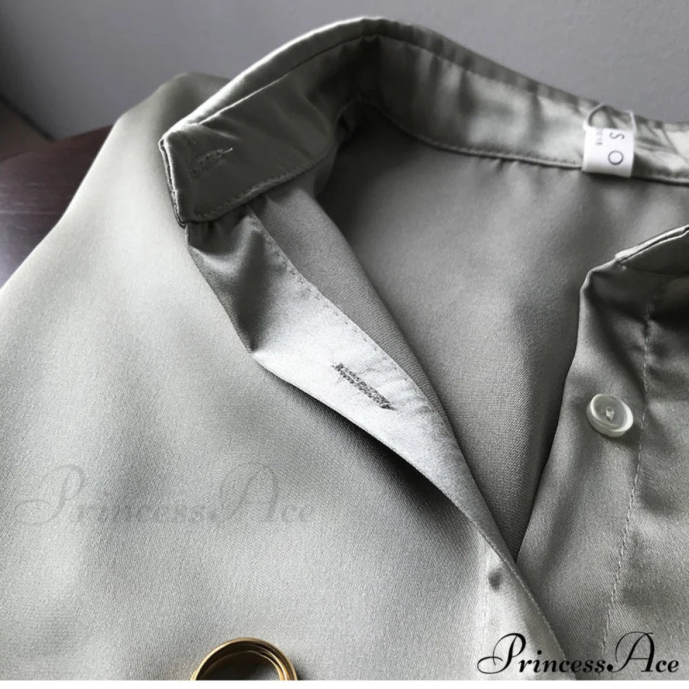 Arm Vintage Ladies Satin Korean Office Long Blouse Button Up Silk Elegant Blouse White Tops
