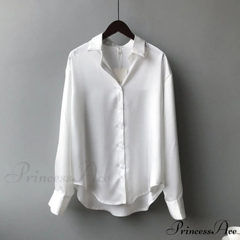 Arm Vintage Ladies Satin Korean Office Long Blouse Button Up Silk Elegant Blouse White Tops S / White